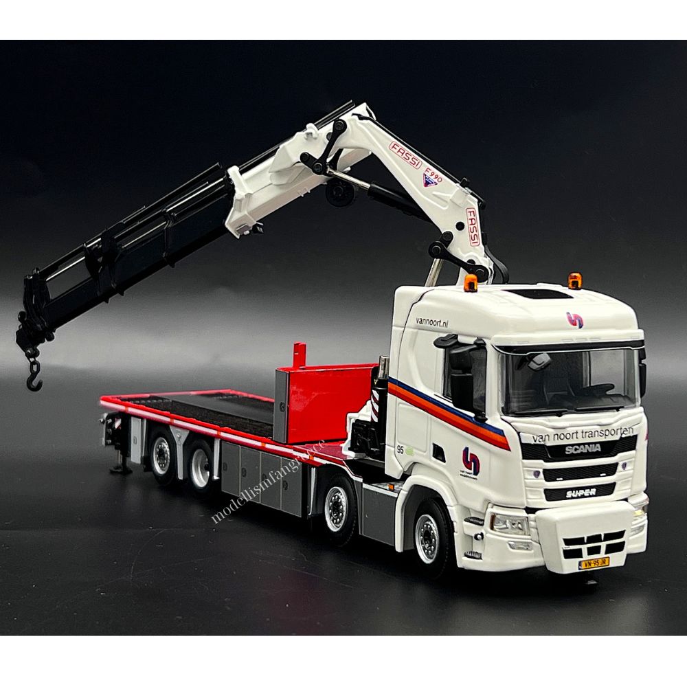 Scania R normal CR20N riged flatbed truck 8×2 Fassi crane 1100 + jib Van Noort Transporten WSI Truck Models