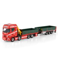 Scania S highline CS20H riged flatbed truck 8x2 flatbed drawbar trailer with Palfinger crane PK 480 tec Give WSI Truck Models